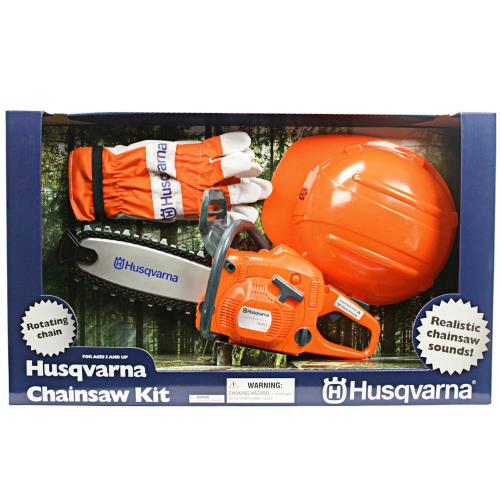 Childrens Husqvarna Toy Chainsaw Kit Gloves Hard Hat ages 3 Plus - ToyChainsawKit.jpg